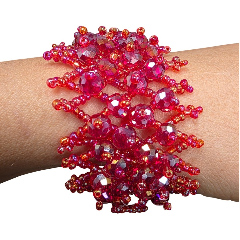 Handmade Magenta Red Beaded Cuff Bracelet Faceted Glass Seed Bead Statement 7.5"